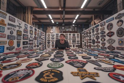 A person joyfully explores a vibrant collection of custom patches, showcasing his unique style and creativity.