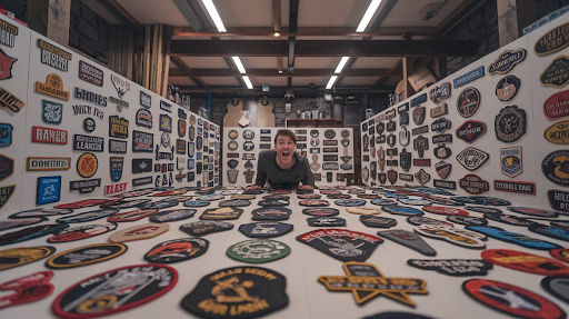 A person joyfully explores a vibrant collection of custom patches, showcasing his unique style and creativity.