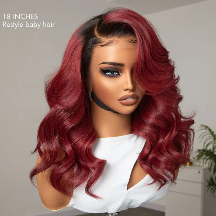 Figure 1Limited Design - Gorgeous Loose Body Wave Red Hair Wig with Dark Roots Ear-to-Ear 13x4 Frontal Lace Wig